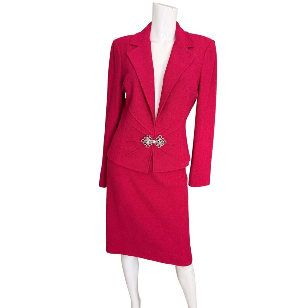 St. John Evening Skirt Suit Crystal Clasp Jacket Raspberry Pink Size 10-12